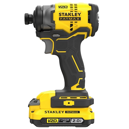 STANLEY SFMCF810D1K cordless impact driver, yellow and black, left side view, V20 2.0Ah Lithium Ion battery.