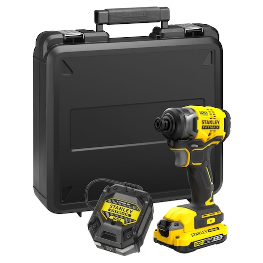 STANLEY SFMCF810D1K cordless impact driver with battery, charger and black carrying case, front angle.