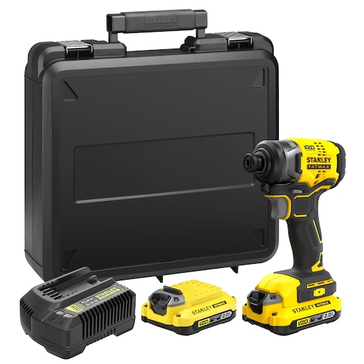STANLEY SFMCF810D2K impact driver kit with case, charger and two yellow V20 batteries, front angle.