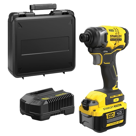 Stanley Fatmax V20 cordless impact driver with charger, battery, and black carrying case.