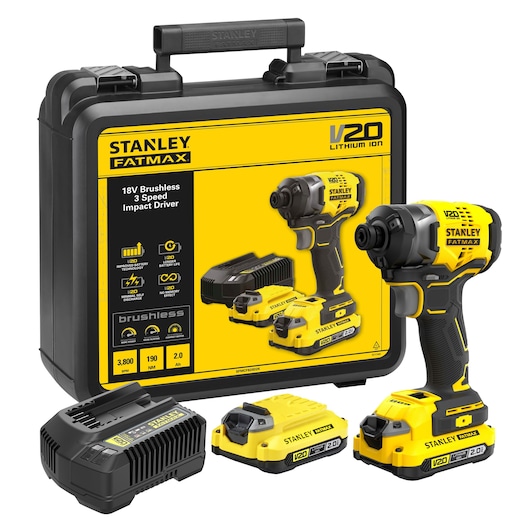 STANLEY SFMCF820D2K brushless impact driver kit with batteries, charger and carry case, front angle.
