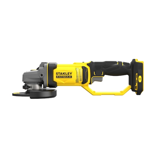 STANLEY SFMCG400D1K cordless angle grinder, yellow and black, left side view on white background.
