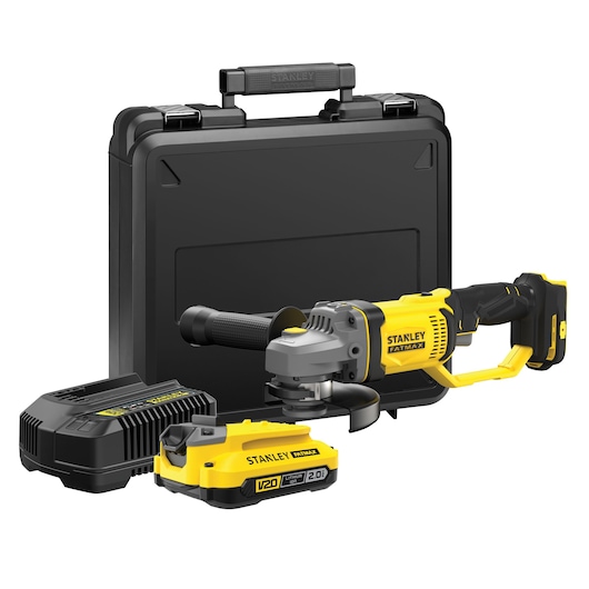 STANLEY SFMCG400D1K cordless angle grinder set with battery, charger, and black carry case, front angle.