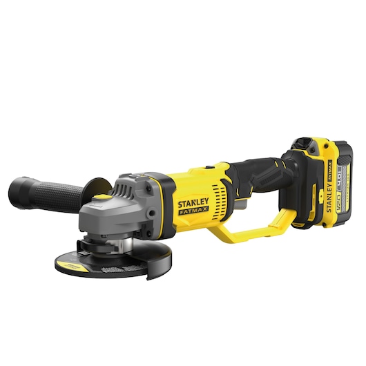 STANLEY SFMCG400M1K cordless angle grinder, yellow and black, side view, power tool category.