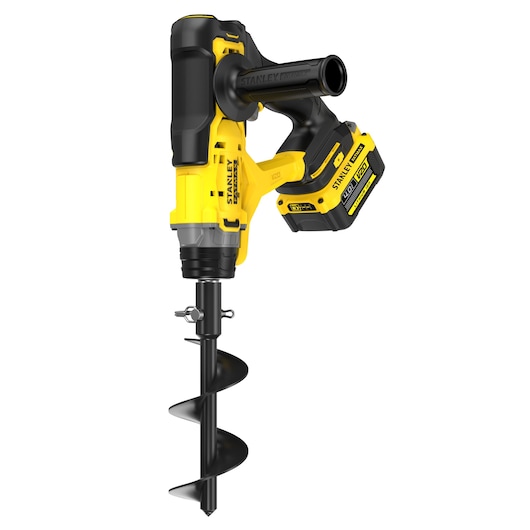 STANLEY SFMCGA75M1 cordless earth auger, yellow and black, front angle on white background.