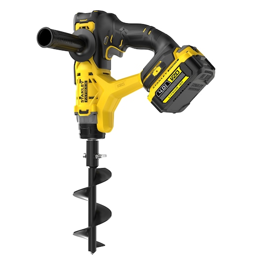 STANLEY SFMCGA75M1 cordless yellow and black garden auger side view on white background.