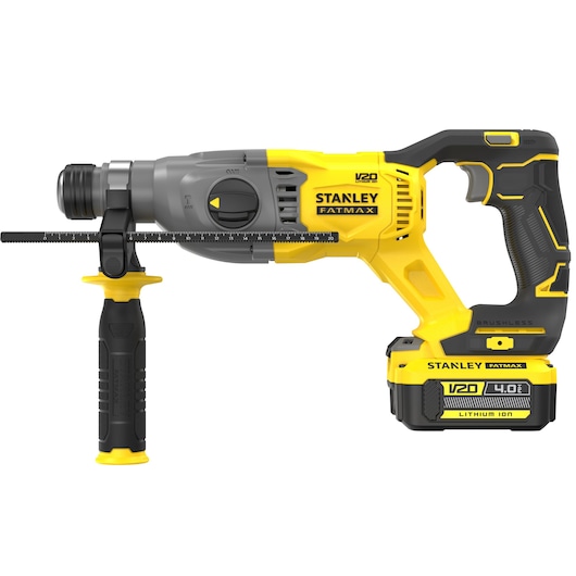 Photo of STANLEY SFMCH900M12 cordless rotary hammer drill, yellow and black, side angle on white background.