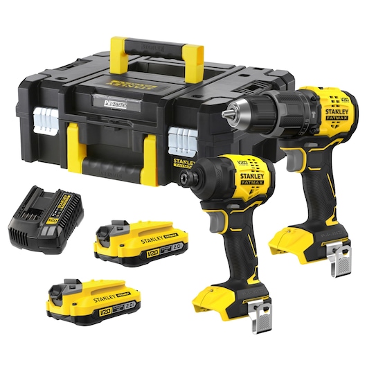 STANLEY SFMCK201D2T-QW V20 drill and impact driver kit with two batteries, charger, and storage case, front angle.