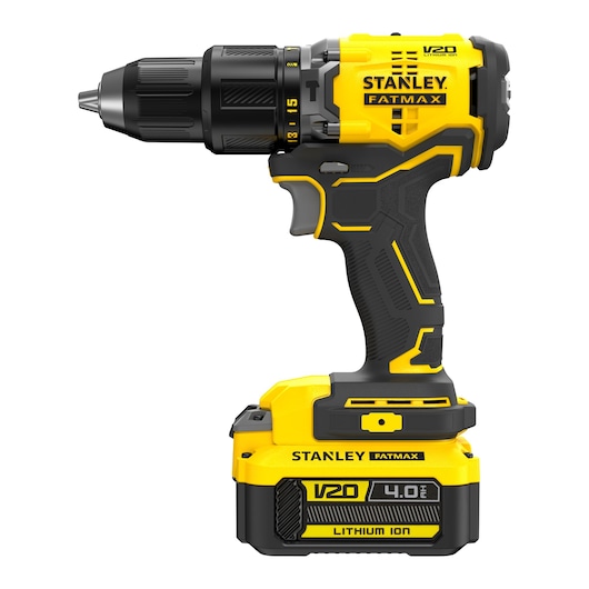 Photo of STANLEY SFMCK461M2S V20 Fatmax cordless drill, yellow and black, side angle on white background.