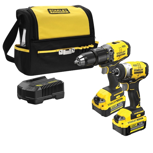 Stanley tool kit with drill, impact driver, charger, batteries, and yellow-black bag.