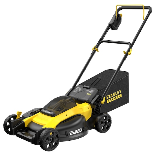 STANLEY FATMAX cordless lawn mower with black and yellow design, grass bag, and push handle.