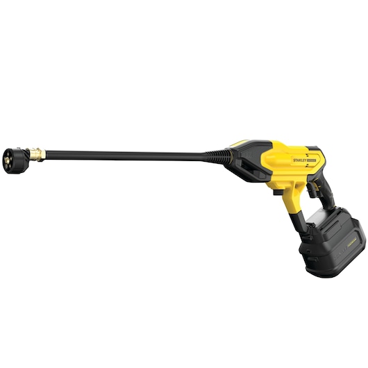 Stanley cordless pressure washer with yellow and black design, long nozzle, and battery pack.