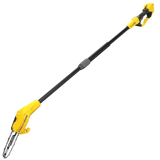 STANLEY SFMCPS620B pole saw with yellow and black body on white background, side angle.