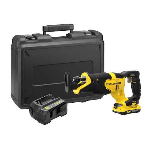 STANLEY SFMCS300D1K cordless reciprocating saw kit with charger and black carrying case, front angle.