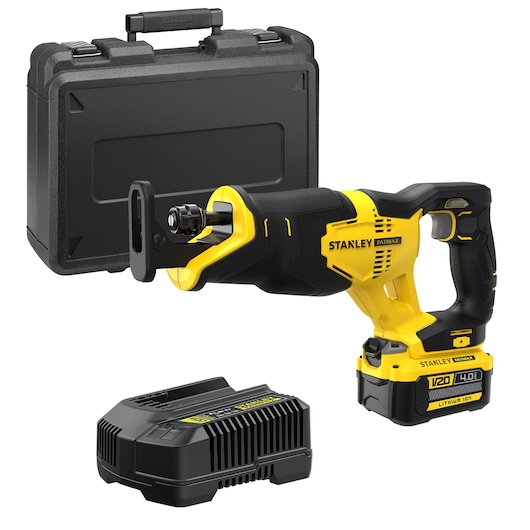 Stanley reciprocating saw with battery, charger, and carrying case. Yellow and black power tool set.