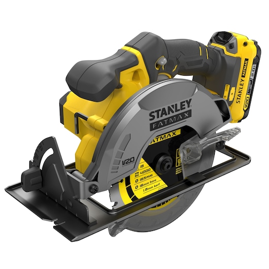 STANLEY SFMCS500D1K cordless circular saw, black and yellow, left angle on white background.