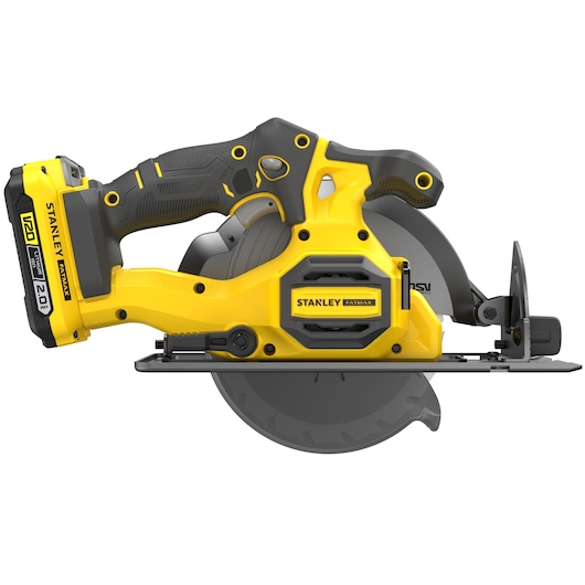Photo of STANLEY SFMCS500D1K cordless circular saw, yellow and black, side angle, FATMAX series.