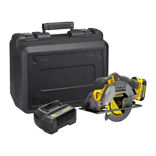 STANLEY SFMCS500M1K cordless circular saw kit with battery, charger, and hard case, front angle.