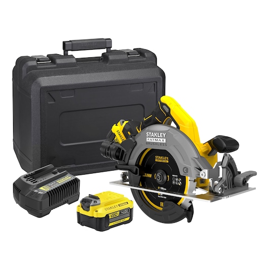 STANLEY SFMCS500M2K circular saw kit with case, battery, and charger, front angle, black and yellow.