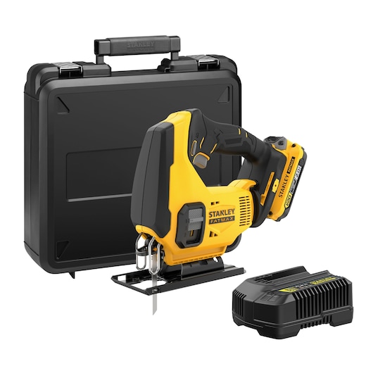 Stanley cordless jigsaw kit with yellow jigsaw, charger, and black carrying case on white background.