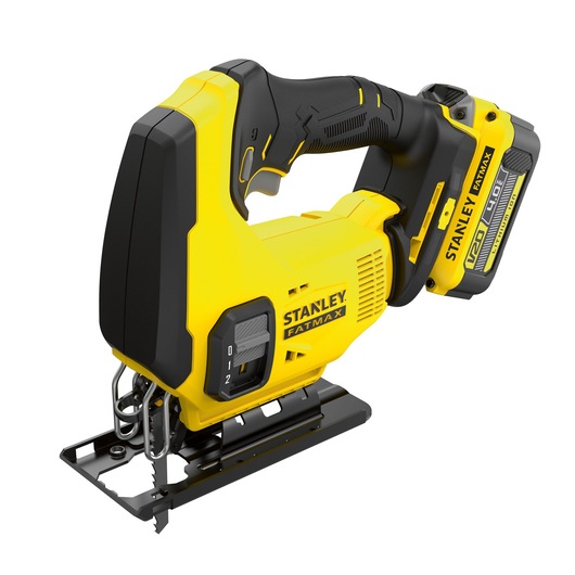 Photo of STANLEY SFMCS600M1K cordless jigsaw, yellow and black, side angle, with Fatmax V20 battery.