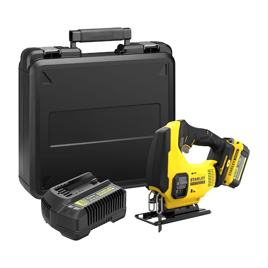 STANLEY SFMCS600M1K cordless jigsaw kit with yellow and black jigsaw, battery, charger, and hard case, front angle.