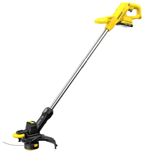 Photo of STANLEY SFMCST925M1 yellow cordless grass trimmer, side angle on white background.