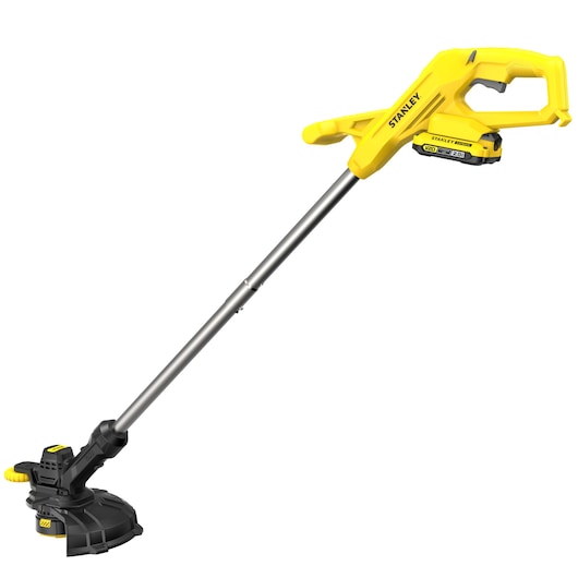 STANLEY SFMCST925M1 cordless string trimmer with yellow and black body, side angle on white background.