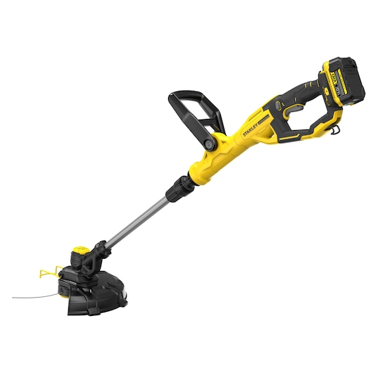 STANLEY SFMCST933M1 cordless string trimmer, yellow and black, side view on white background.