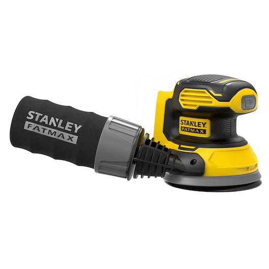 STANLEY SFMCW220M1S cordless detail sander, yellow and black, side angle, with dust collection bag.