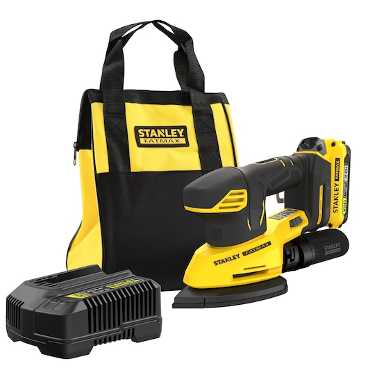 STANLEY SFMCW221D1S cordless sander kit shown with yellow-black bag and charger, front angle.