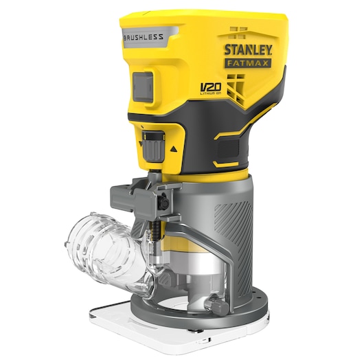 Photo of STANLEY SFMCW400B cordless brushless trim router, yellow and black, front angle on white background.