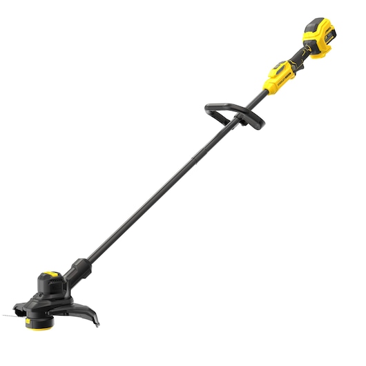 STANLEY SFMSTB930M cordless string trimmer, black and yellow, side angle, lawn care tool on white background.