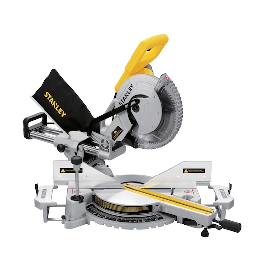 STANLEY SM18-B2C miter saw with yellow handle, silver blade, black dust bag, and angle gauge, side view.