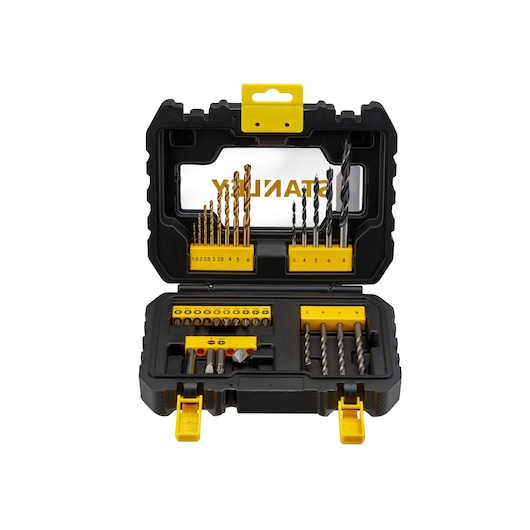 Stanley drill bit and accessory set in a black and yellow plastic case with organized compartments.