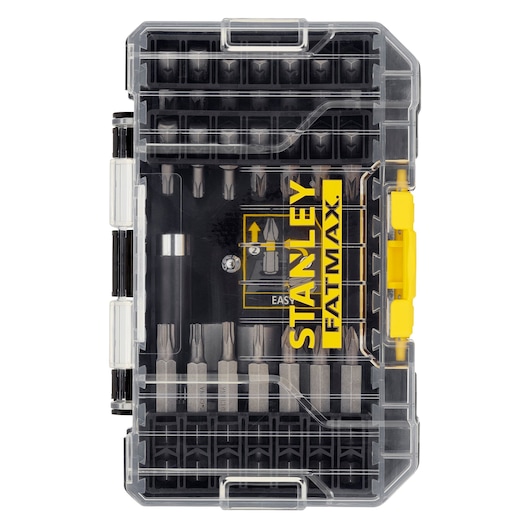 STANLEY STA88560 screwdriver bit set in clear plastic case, front angle, yellow latch, FATMAX branding.