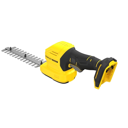 STANLEY STCSS20B hedge trimmer photography, yellow and black, angled view on white background.
