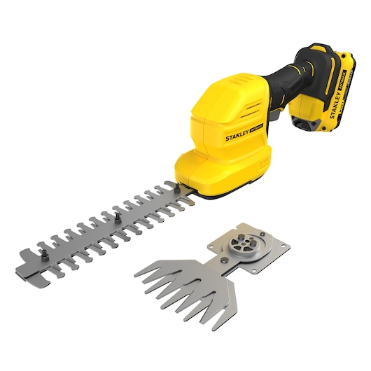 STANLEY STCSS20D1 cordless hedge trimmer with yellow body, black grip, and two metal blade attachments, front angle.