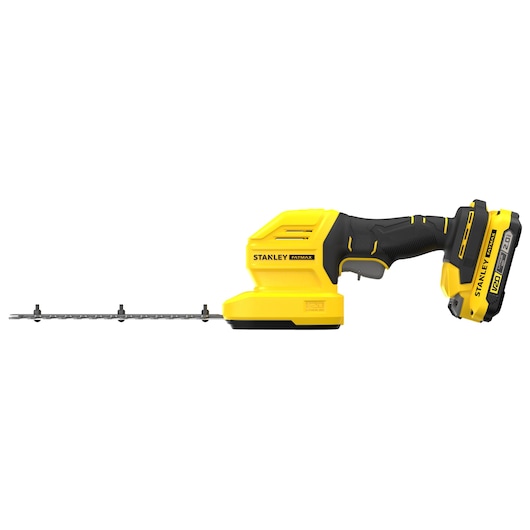 STANLEY STCSS20D1 cordless hedge trimmer, yellow and black, side view on white background.