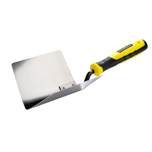 A Stanley square trowel with a yellow and black handle and stainless steel blade, used for masonry or plaster work.