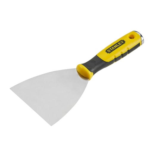Stanley putty knife with yellow and black handle and wide metal blade, tool for scraping or spreading materials.
