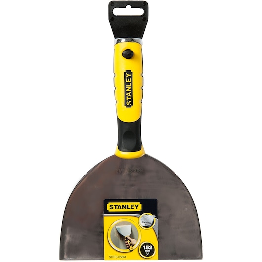 Stanley STHT0-05864 stainless steel putty knife with yellow and black handle, front view on white background.