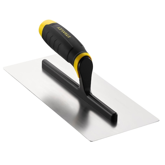 Stanley plastering trowel with a yellow and black handle and smooth metal blade, used for finishing surfaces.