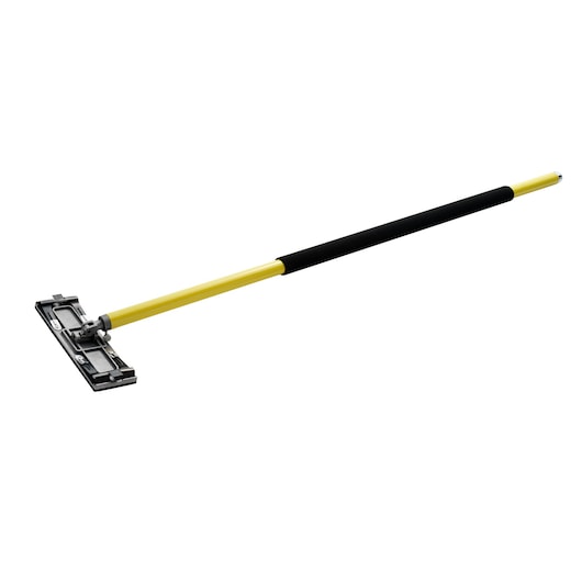 Long yellow handle with black grip and flat rectangular tool head, suitable for surface cleaning or painting.