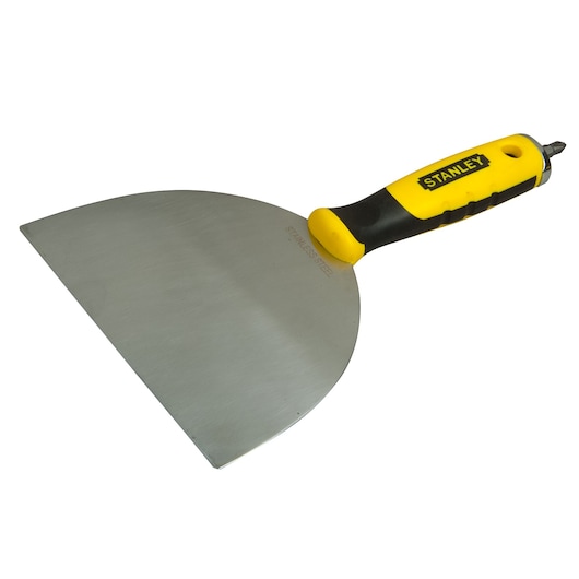 Stanley stainless steel putty knife with wide blade and yellow-black handle.