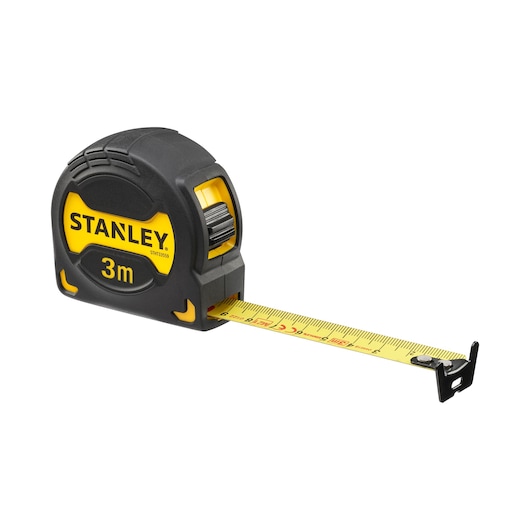 STANLEY STHT0-33559 tape measure, 3 meter, black and yellow, side angle on white background.
