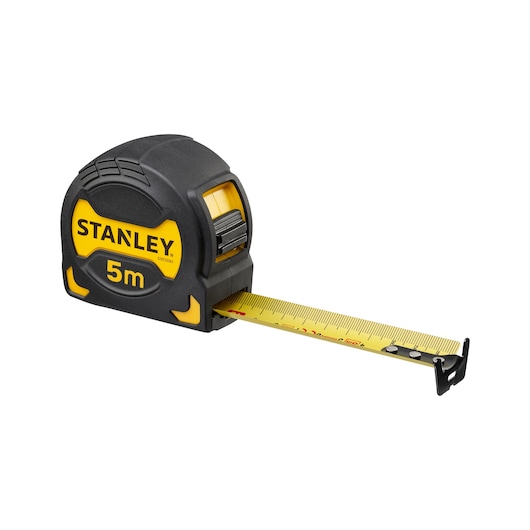 STANLEY STHT0-33561 tape measure, 5m, black and yellow, side angle photo on white background.