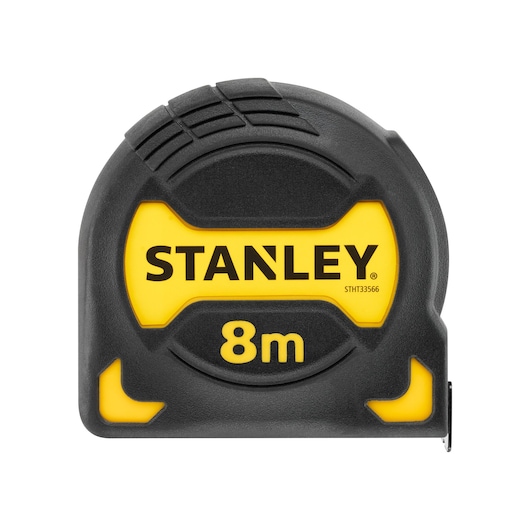 STANLEY STHT0-33566 tape measure, 8m, yellow and black, front angle, photography.