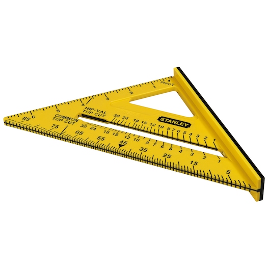 Photo of STANLEY STHT0-46010 yellow triangular layout square with black markings, angled on white background.