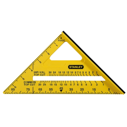 STANLEY STHT0-46010 yellow plastic rafter square with black markings, top view, measuring tool.